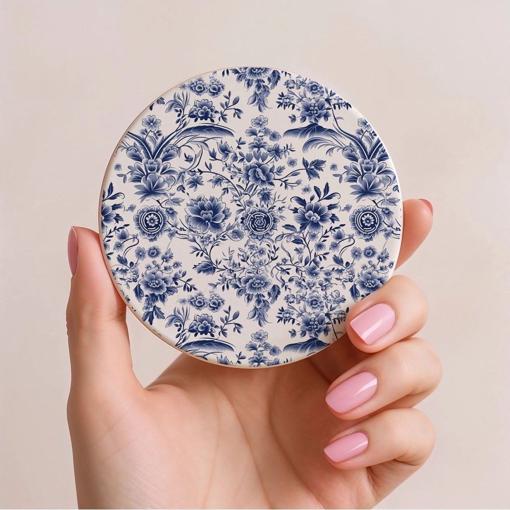 Chinoiserie Coasters, Blue & White Botanical Print Coasters Kitchen Set of 2 - Picture 3 of 8